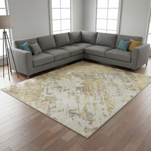 HomeRoots 8' X 10' Gold Taupe Beige Abstract Area Rug - Washable, UV Protected, Stain-Resistant & Durable Design 679124