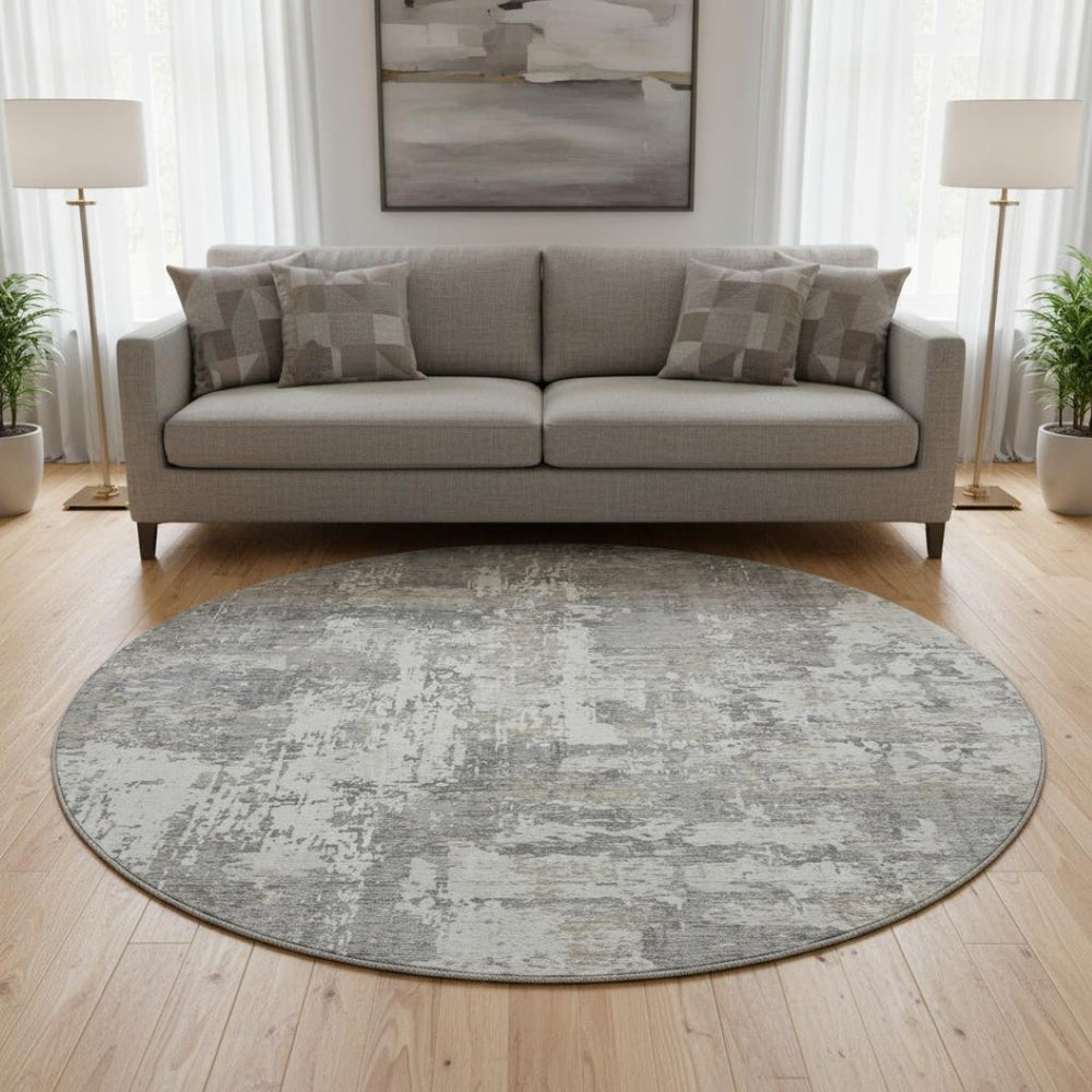 HomeRoots 8' Gray And Ivory Abstract Round Rug - Washable, UV-Protected, Stain-Resistant, Modern Design 679129