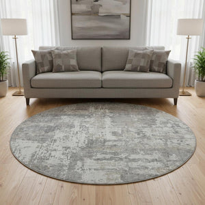 HomeRoots 8' Gray And Ivory Abstract Round Rug - Washable, UV-Protected, Stain-Resistant, Modern Design 679129