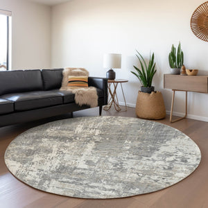 HomeRoots 8' Gray And Ivory Abstract Round Rug - Washable, UV-Protected, Stain-Resistant, Modern Design 679129
