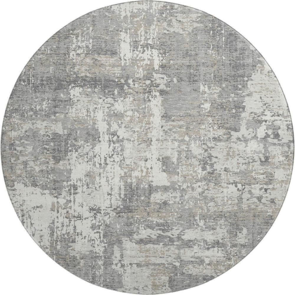 HomeRoots 8' Gray And Ivory Abstract Round Rug - Washable, UV-Protected, Stain-Resistant, Modern Design 679129
