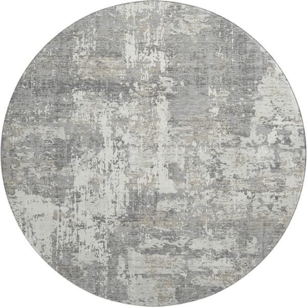 HomeRoots 8' Gray And Ivory Abstract Round Rug - Washable, UV-Protected, Stain-Resistant, Modern Design 679129