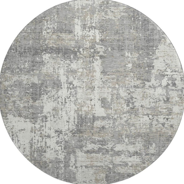 HomeRoots 8' Gray And Ivory Abstract Round Rug - Washable, UV-Protected, Stain-Resistant, Modern Design 679129