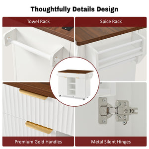 English Elm K&k Fluted Rolling Kitchen Island Faux Marble Top Power Outlet Drop Leaf Storage White N707S000019W