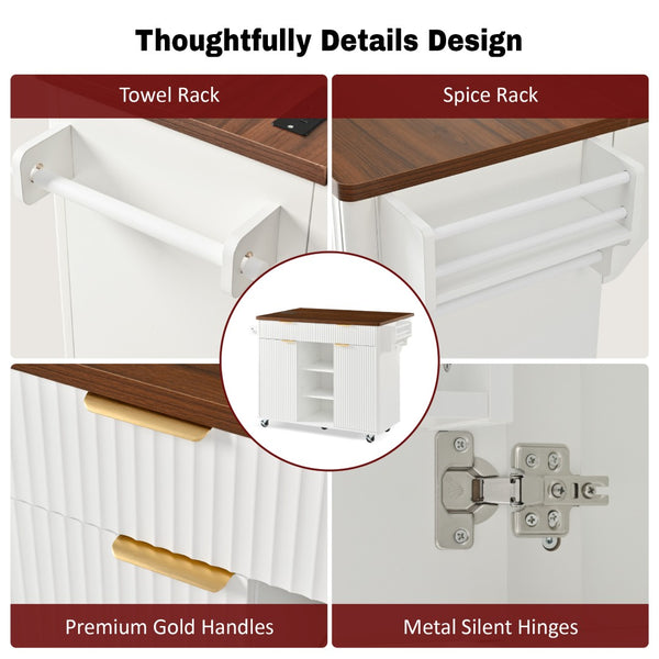 English Elm K&k Fluted Rolling Kitchen Island Faux Marble Top Power Outlet Drop Leaf Storage White N707S000019W