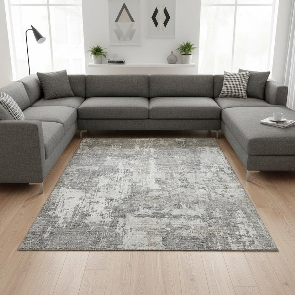 HomeRoots 8' X 10' Stylish Gray and Ivory Abstract Area Rug – Washable, UV Protected, Perfect for High-Traffic Areas 679130