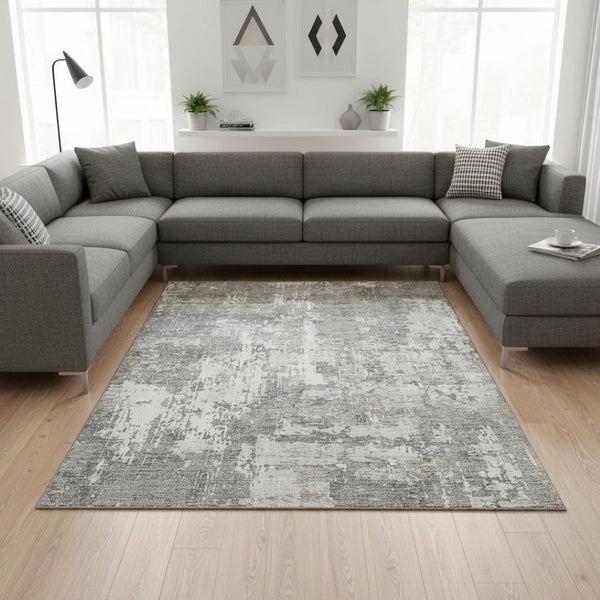HomeRoots 8' X 10' Stylish Gray and Ivory Abstract Area Rug – Washable, UV Protected, Perfect for High-Traffic Areas 679130