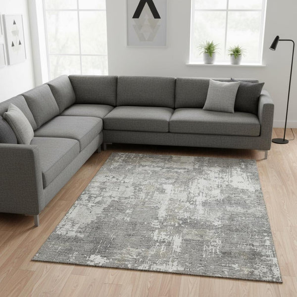 HomeRoots 9' X 12' Gray and Ivory Abstract Area Rug – Washable, UV Protected, Stylish & Durable for High-Traffic Rooms 679131