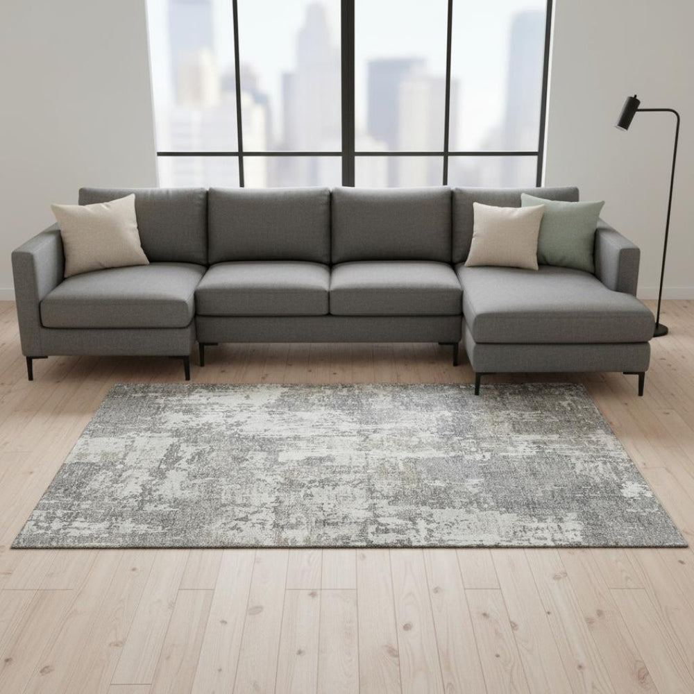 HomeRoots 10' X 14' Gray And Ivory Abstract Area Rug - Washable, UV Resistant, Ideal for Busy Homes & Spaces 679132