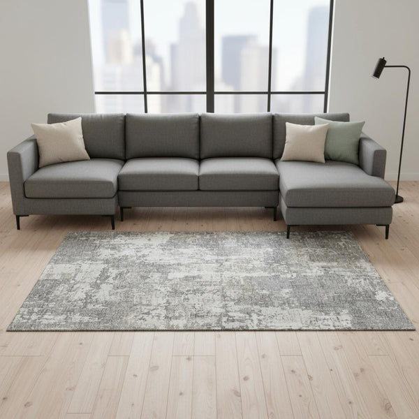HomeRoots 10' X 14' Gray And Ivory Abstract Area Rug - Washable, UV Resistant, Ideal for Busy Homes & Spaces 679132