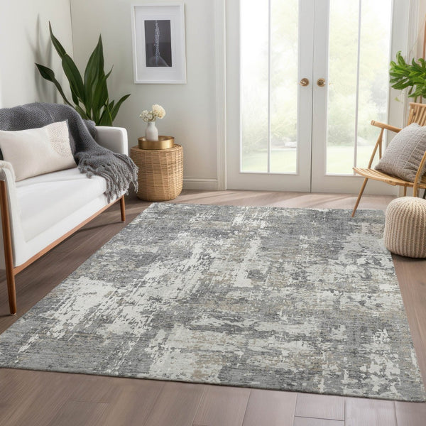 HomeRoots 10' X 14' Gray And Ivory Abstract Area Rug - Washable, UV Resistant, Ideal for Busy Homes & Spaces 679132