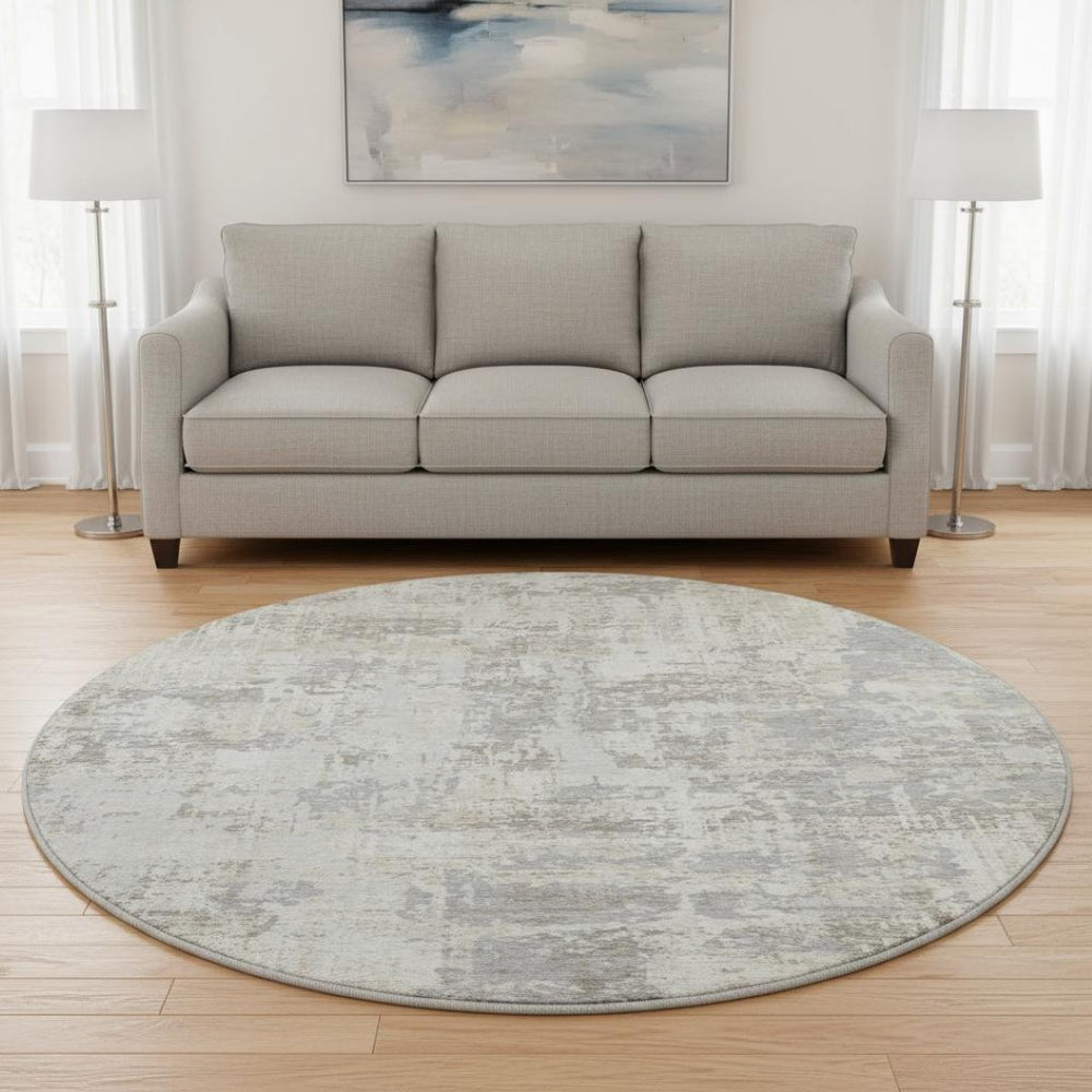 HomeRoots 8' Ivory and Gray Abstract Round Rug – Washable, UV Protected, Durable, Stylish for Busy Homes 679135