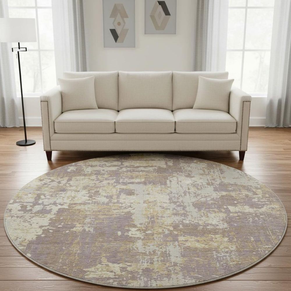 HomeRoots 8' Stylish Lavender Gold Ivory Abstract Washable Round Rug - UV Protected, Durable & Easy Care! 679141