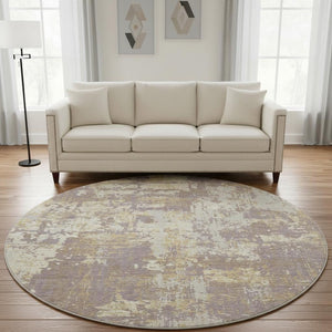 HomeRoots 8' Stylish Lavender Gold Ivory Abstract Washable Round Rug - UV Protected, Durable & Easy Care! 679141