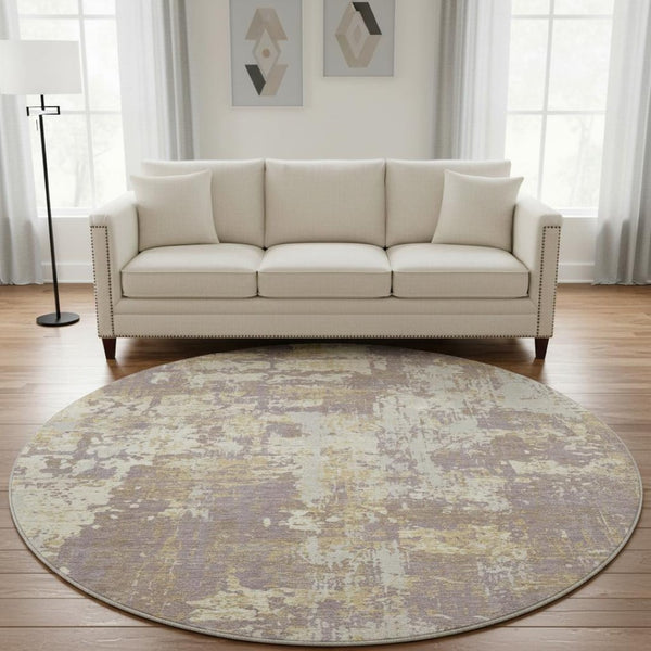 HomeRoots 8' Stylish Lavender Gold Ivory Abstract Washable Round Rug - UV Protected, Durable & Easy Care! 679141