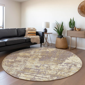 HomeRoots 8' Stylish Lavender Gold Ivory Abstract Washable Round Rug - UV Protected, Durable & Easy Care! 679141