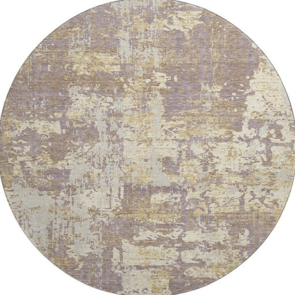 HomeRoots 8' Stylish Lavender Gold Ivory Abstract Washable Round Rug - UV Protected, Durable & Easy Care! 679141