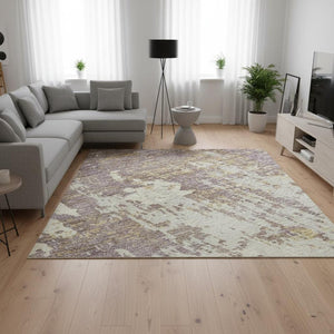 HomeRoots 8' X 10' Stylish Lavender Gold Ivory Abstract Washable Area Rug - Stain Resistant & UV Protected 679142