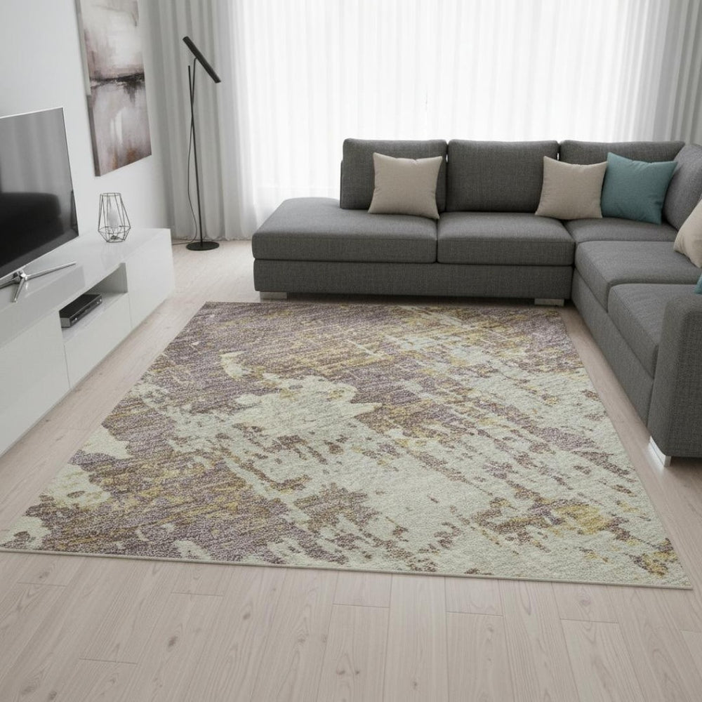 HomeRoots 9' X 12' Elegant Lavender Gold Ivory Abstract Area Rug - Washable, UV Protected, Stain Resistant Design 679143