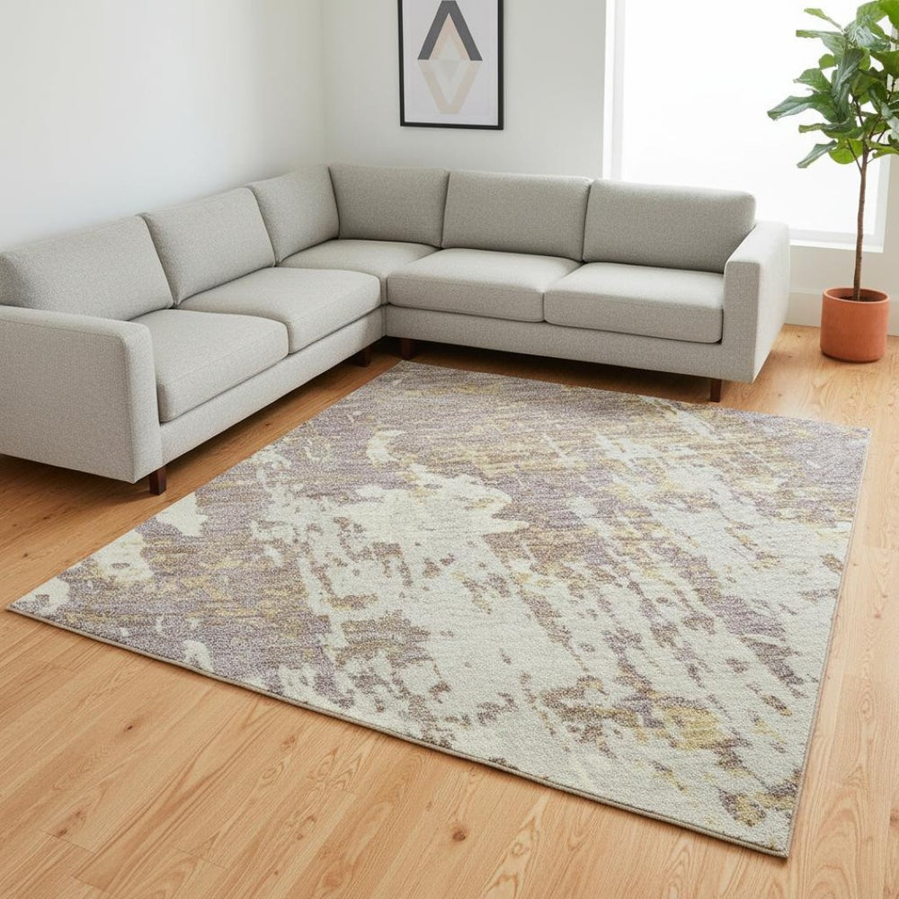 HomeRoots 10' X 14' Abstract Area Rug in Lavender, Gold & Ivory - Washable, UV-Protected, Stain-Resistant Design 679144