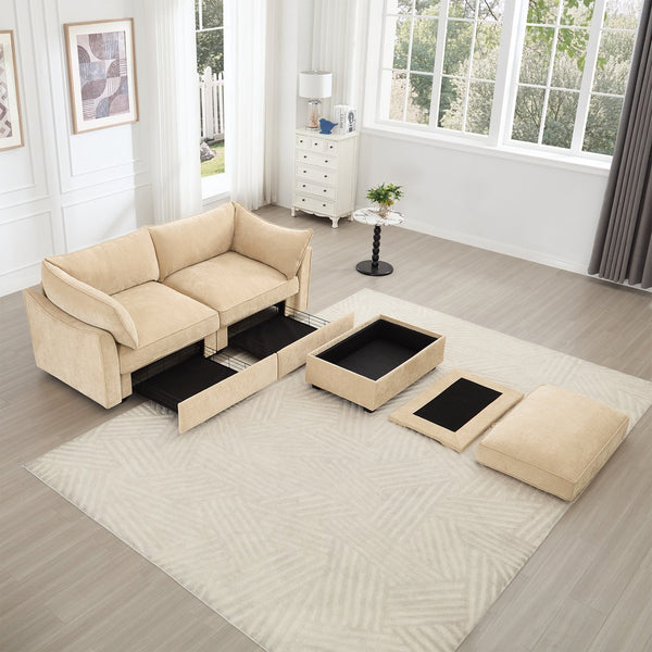 English Elm 2-Seater Chenille Sofa With Movable Storage Footstool - Cozy Wheat Upholstery & Elegant Design W3041S00173