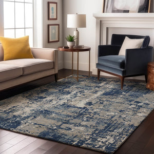HomeRoots 5' Washable Abstract Area Rug in Navy Blue, Gray & Ivory - UV Protected, Stain Resistant & Durable 679146