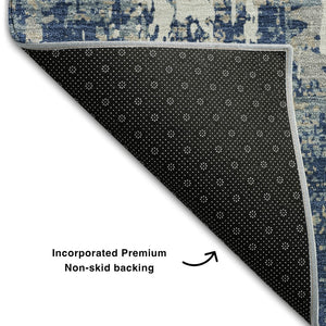 HomeRoots 5' Washable Abstract Area Rug in Navy Blue, Gray & Ivory - UV Protected, Stain Resistant & Durable 679146