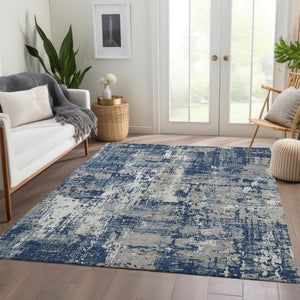 HomeRoots 5' Washable Abstract Area Rug in Navy Blue, Gray & Ivory - UV Protected, Stain Resistant & Durable 679146