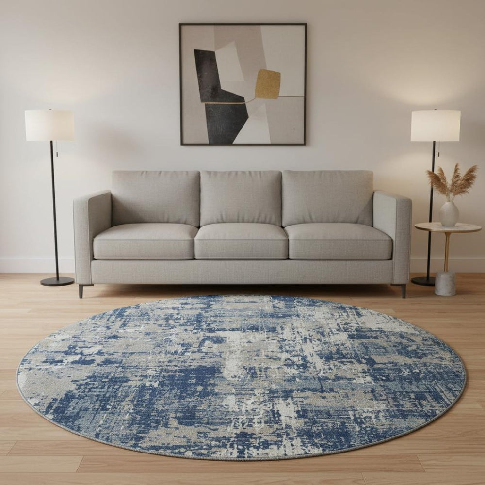 HomeRoots 8' Navy Blue Gray Ivory Round Rug - Stylish Abstract Design with UV Protection & Easy Care Features 679147