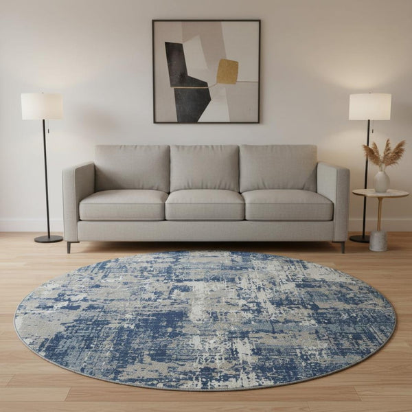 HomeRoots 8' Navy Blue Gray Ivory Round Rug - Stylish Abstract Design with UV Protection & Easy Care Features 679147