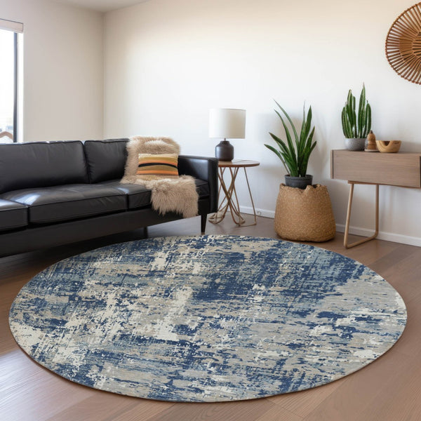 HomeRoots 8' Navy Blue Gray Ivory Round Rug - Stylish Abstract Design with UV Protection & Easy Care Features 679147