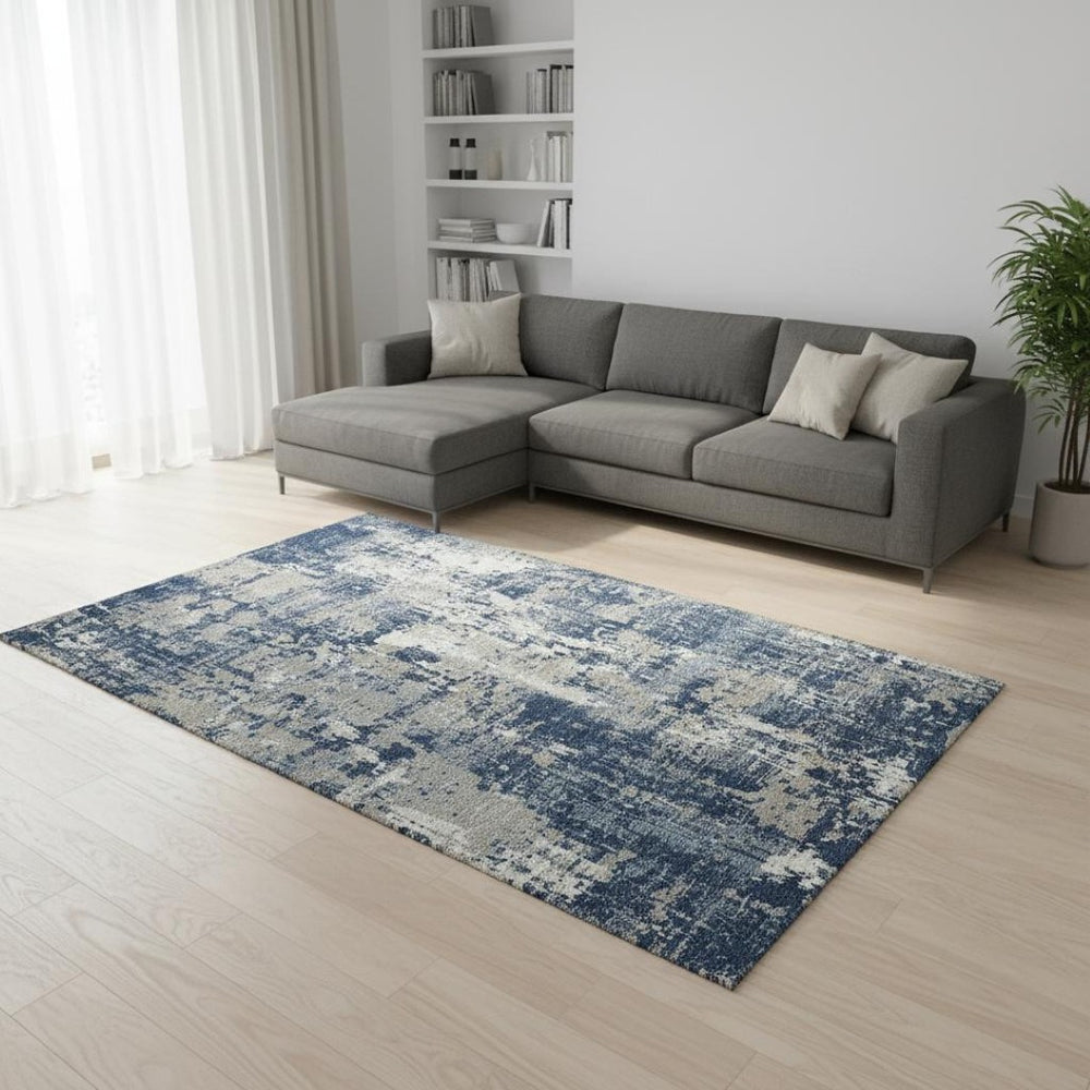 HomeRoots 8' X 10' Navy Blue Gray Ivory Abstract Washable Area Rug - Stylish, Stain Resistant, UV Protected! 679148