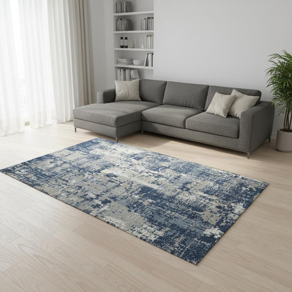 HomeRoots 8' X 10' Navy Blue Gray Ivory Abstract Washable Area Rug - Stylish, Stain Resistant, UV Protected! 679148