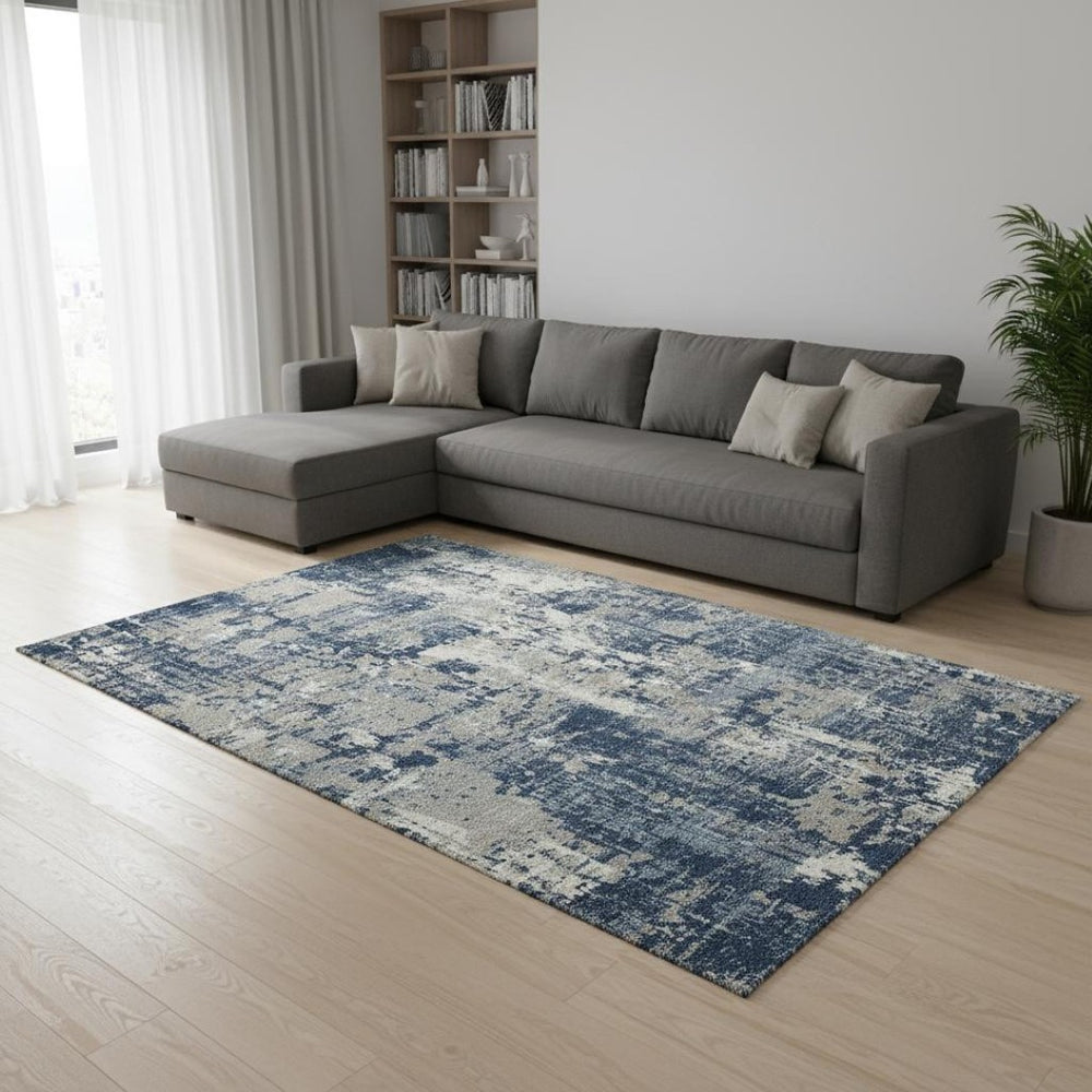 HomeRoots 9' X 12' Abstract Area Rug in Navy, Gray & Ivory – Washable, UV-Protected, Stylish & Durable Design 679149