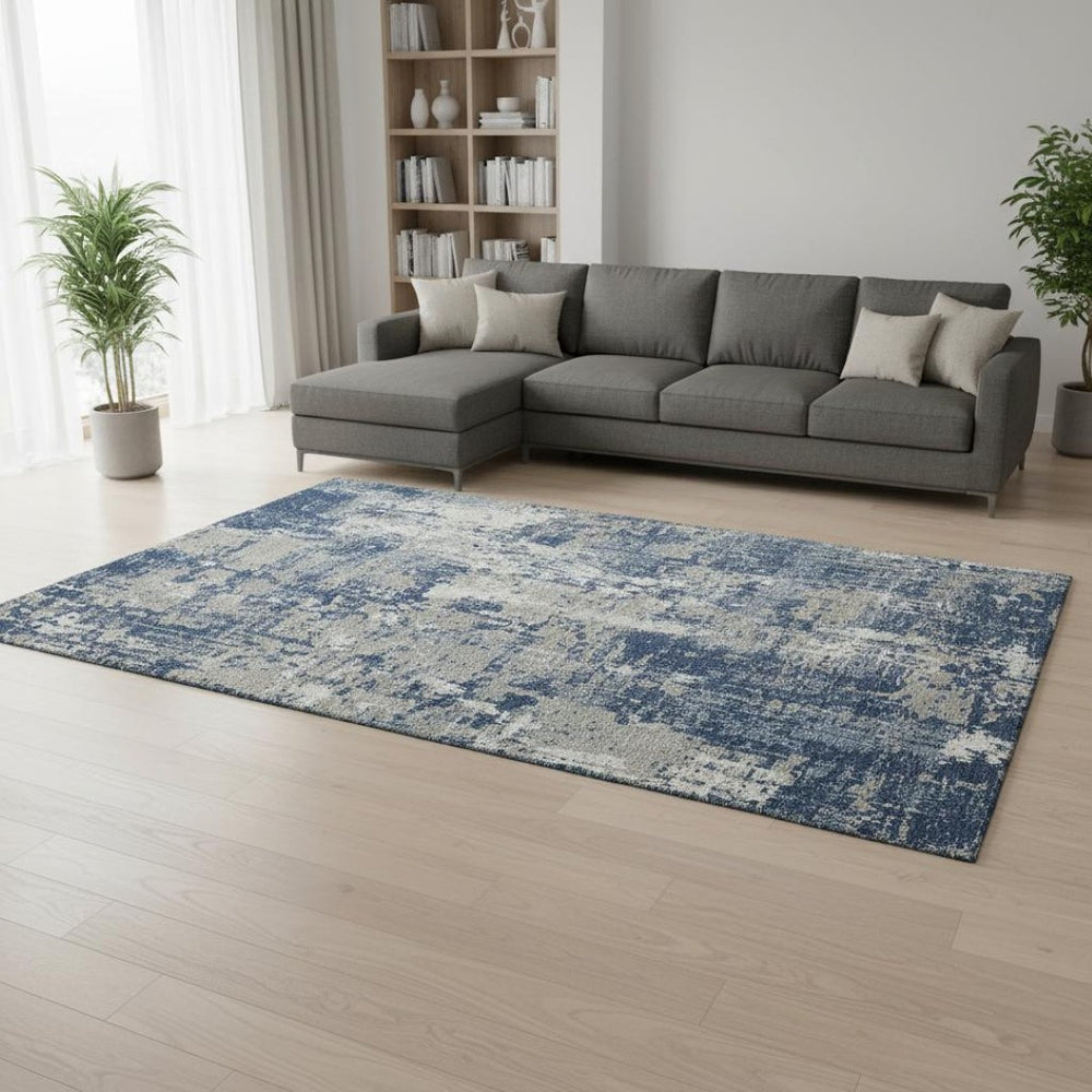 HomeRoots 10' X 14' Modern Navy Blue, Gray & Ivory Abstract Washable Area Rug with UV Protection & Durability 679150