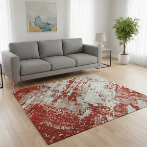 HomeRoots 5' X 8' Red, Gray & Ivory Abstract Area Rug - Machine-Washable, UV-Protected, Stain-Resistant Style! 679152