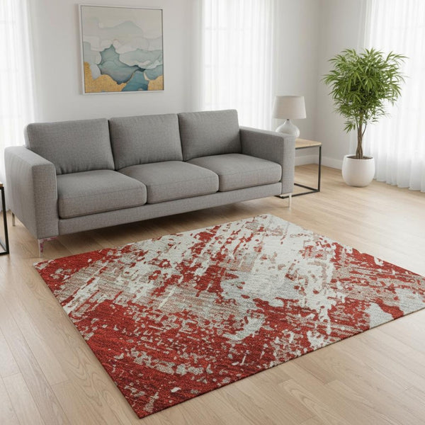 HomeRoots 5' X 8' Red, Gray & Ivory Abstract Area Rug - Machine-Washable, UV-Protected, Stain-Resistant Style! 679152