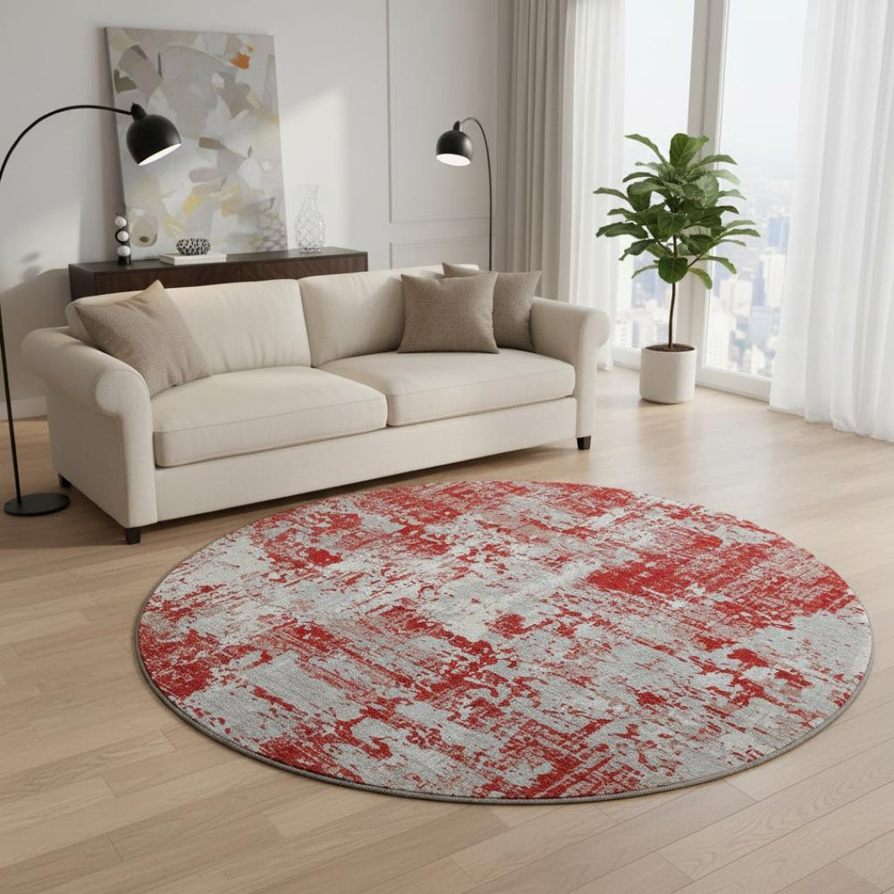 HomeRoots 8' Oversized Round Rug in Red, Gray & Ivory - Washable, UV Protected, Non-Slip for Modern Spaces 679153