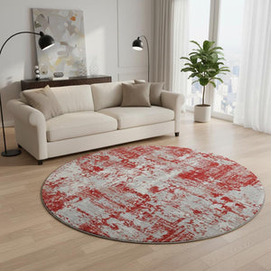 HomeRoots 8' Oversized Round Rug in Red, Gray & Ivory - Washable, UV Protected, Non-Slip for Modern Spaces 679153