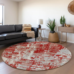 HomeRoots 8' Oversized Round Rug in Red, Gray & Ivory - Washable, UV Protected, Non-Slip for Modern Spaces 679153