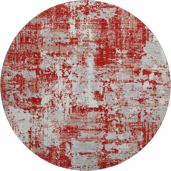 HomeRoots 8' Oversized Round Rug in Red, Gray & Ivory - Washable, UV Protected, Non-Slip for Modern Spaces 679153