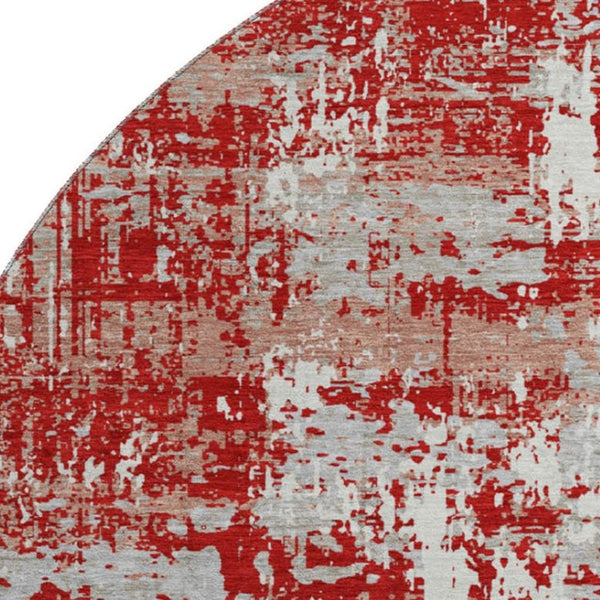 HomeRoots 8' Oversized Round Rug in Red, Gray & Ivory - Washable, UV Protected, Non-Slip for Modern Spaces 679153