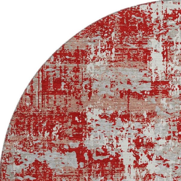 HomeRoots 8' Oversized Round Rug in Red, Gray & Ivory - Washable, UV Protected, Non-Slip for Modern Spaces 679153