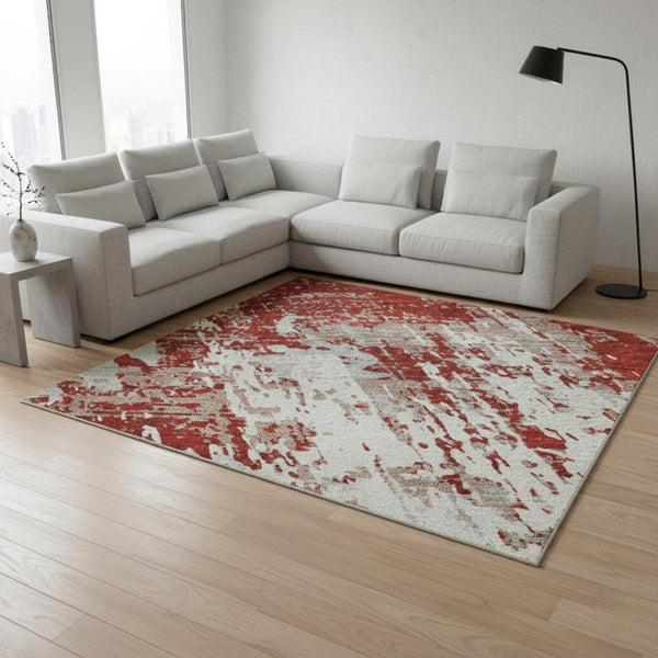 HomeRoots 8' X 10' Washable Abstract Area Rug in Red, Gray & Ivory – Durable, UV-Protected for Homes with Kids & Pets 679154