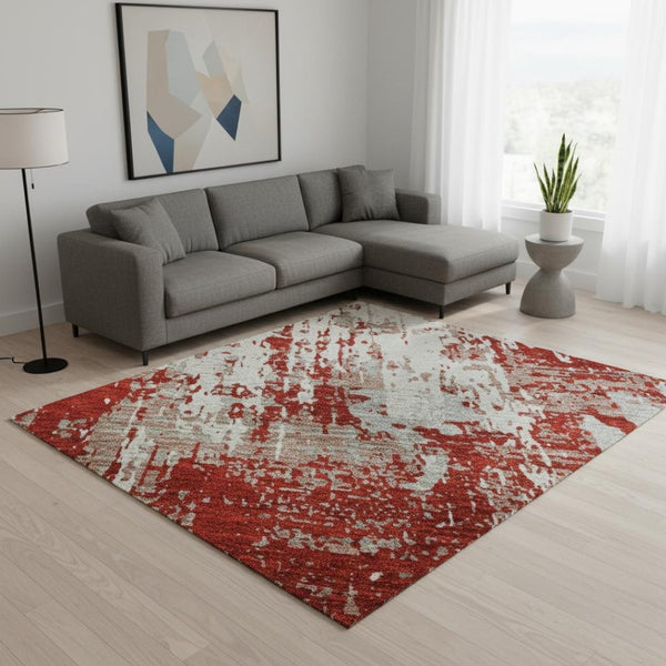 HomeRoots 9' X 12' Abstract Area Rug in Red, Gray & Ivory – Washable, UV-Protected, Durable for Busy Homes 679155