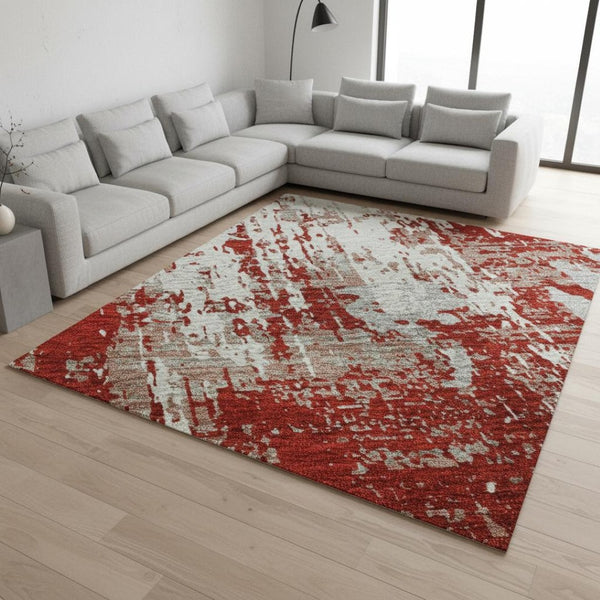 HomeRoots 10' X 14' Red Gray Ivory Abstract Area Rug - Washable, UV Protected, Stain Resistant for Home & Patio 679156