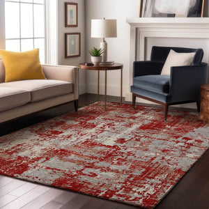HomeRoots 10' X 14' Red Gray Ivory Abstract Area Rug - Washable, UV Protected, Stain Resistant for Home & Patio 679156