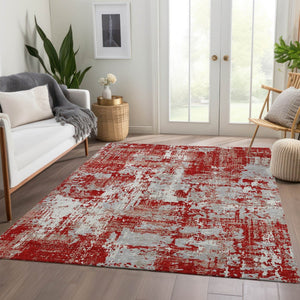 HomeRoots 10' X 14' Red Gray Ivory Abstract Area Rug - Washable, UV Protected, Stain Resistant for Home & Patio 679156