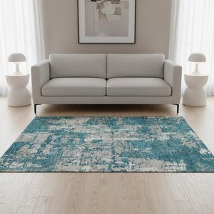 HomeRoots 5' X 8' Teal Gray Ivory Abstract Area Rug - Washable, UV Protected, Perfect for Living Spaces! 679158