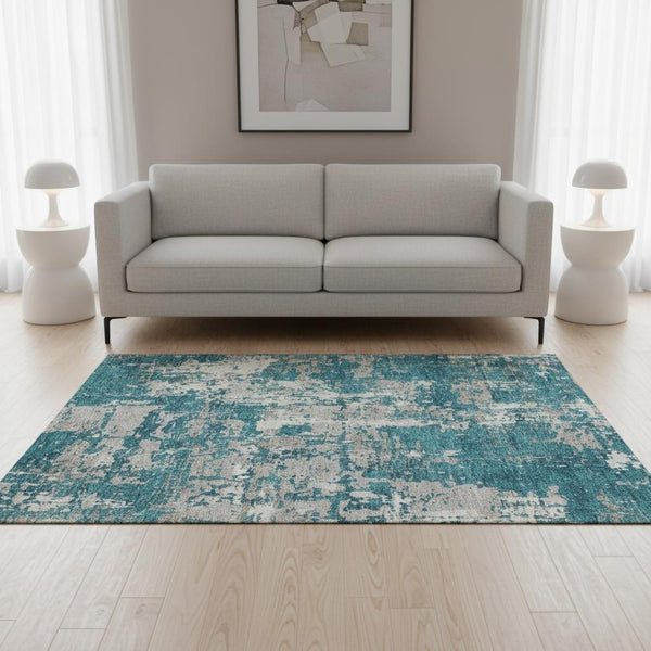 HomeRoots 5' X 8' Teal Gray Ivory Abstract Area Rug - Washable, UV Protected, Perfect for Living Spaces! 679158